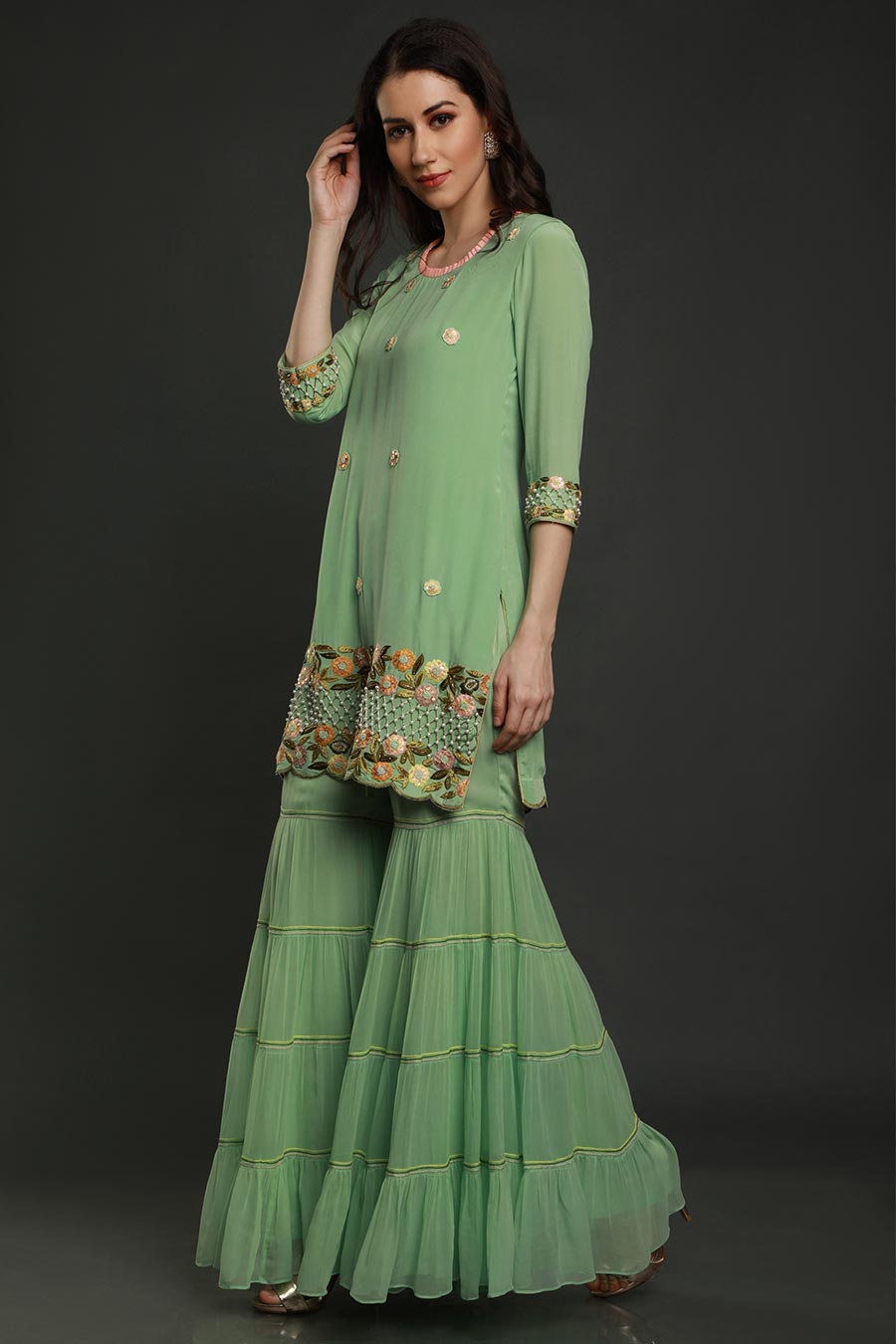 Green Embroidered Gharara Set