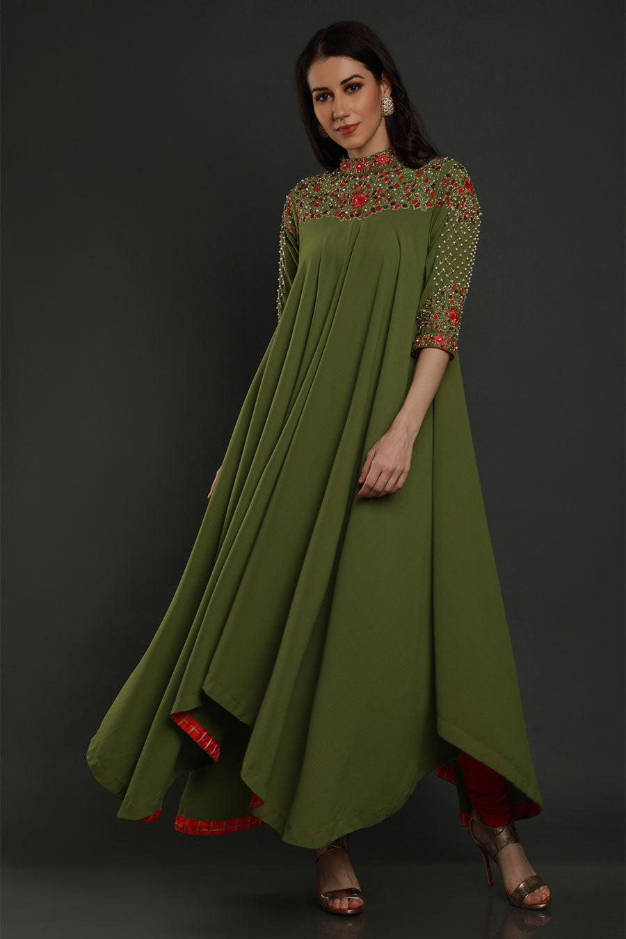 Green Embroidered Asymmetrical Dress