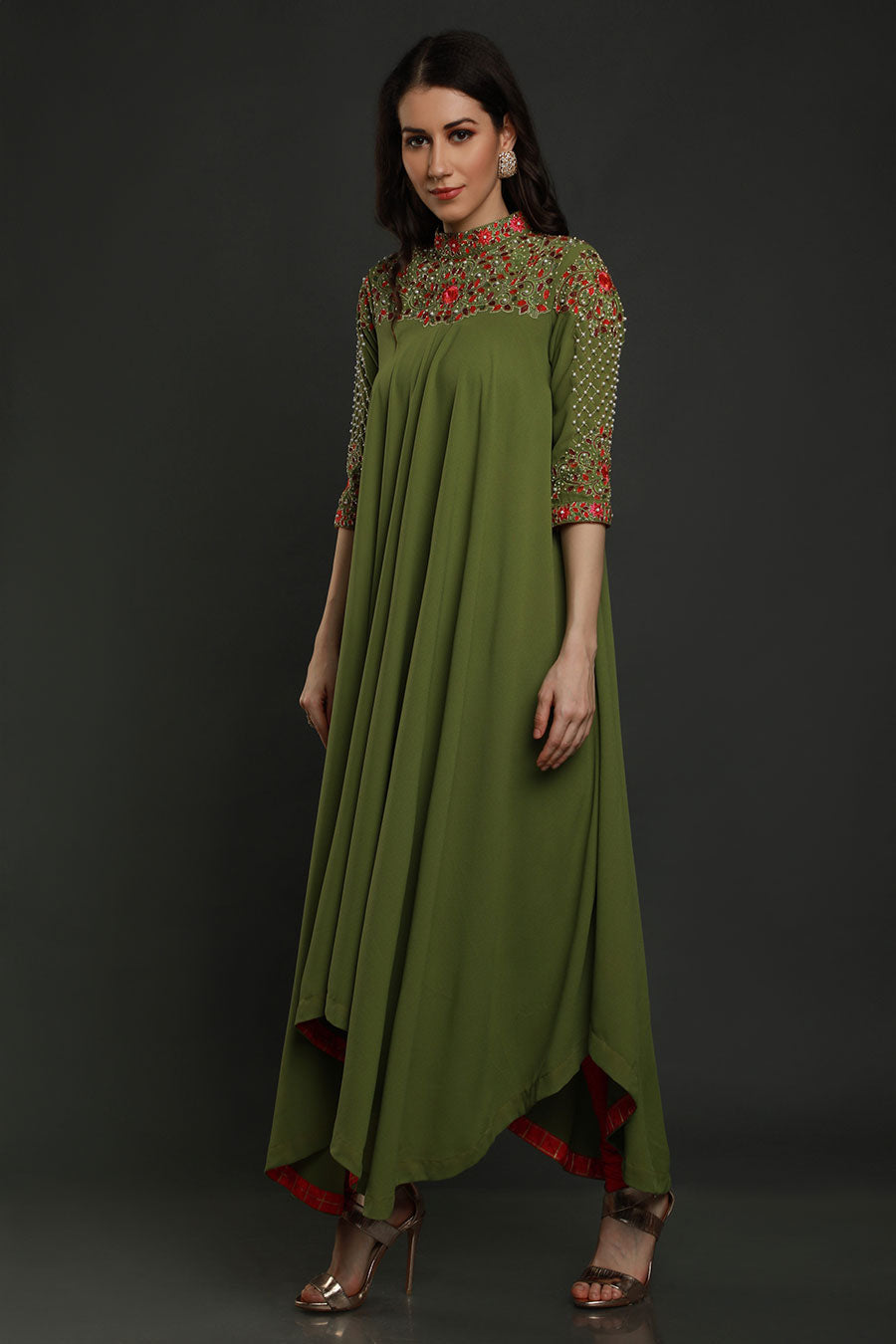 Green Embroidered Asymmetrical Dress