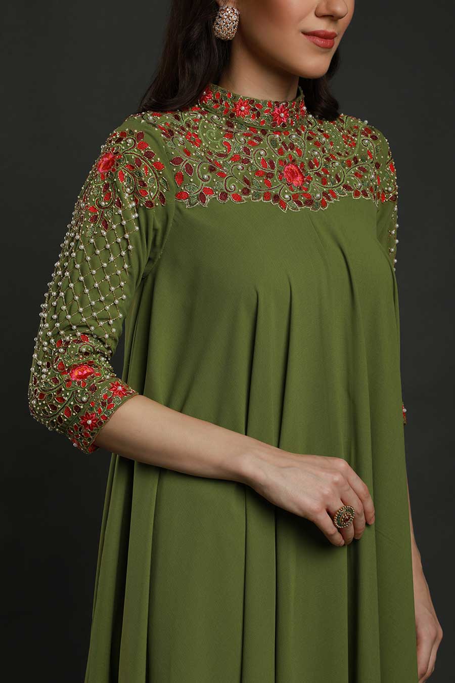 Green Embroidered Asymmetrical Dress