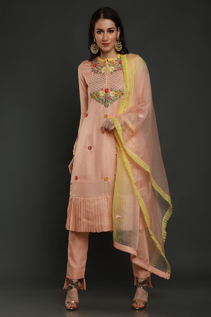Peach Embroidered Kurta Set With Dupatta
