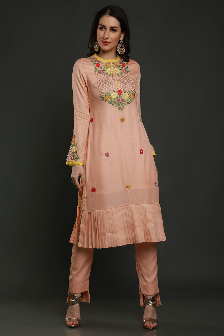 Peach Embroidered Kurta Set With Dupatta