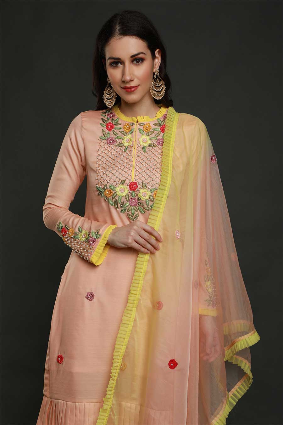 Peach Embroidered Kurta Set With Dupatta