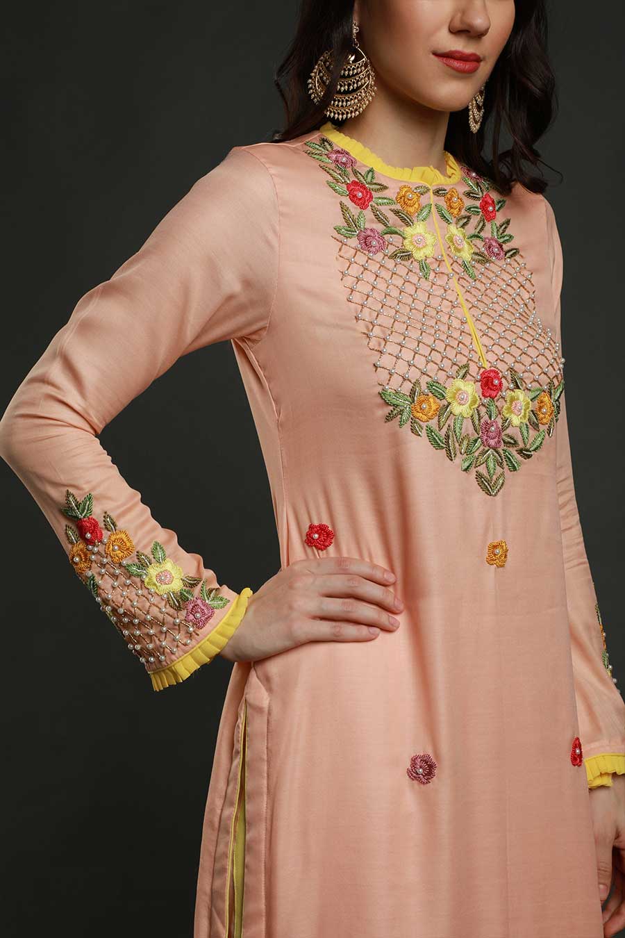 Peach Embroidered Kurta Set With Dupatta
