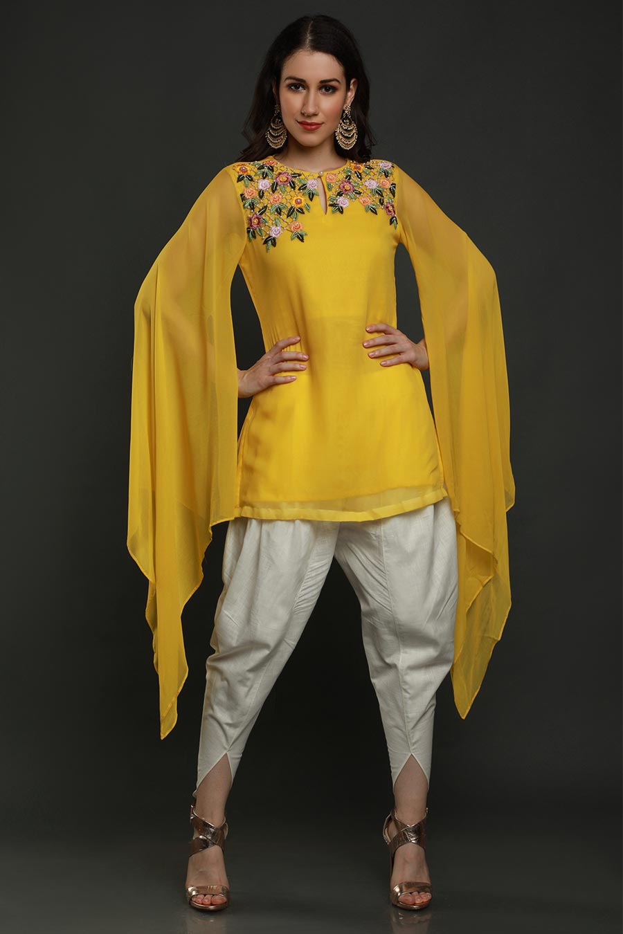Yellow Short Kurta With Dhoti Pants