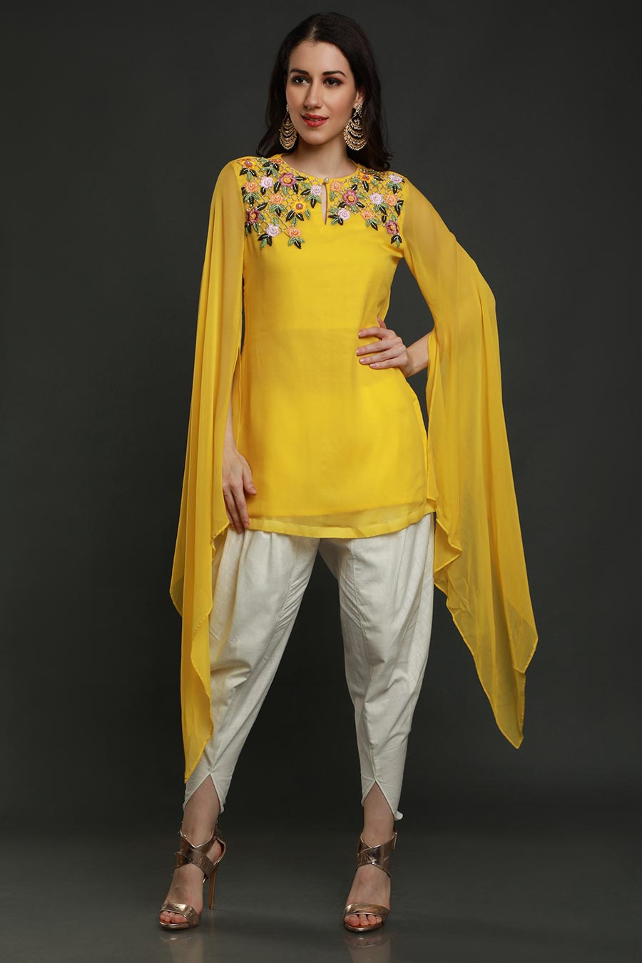 Yellow Short Kurta With Dhoti Pants