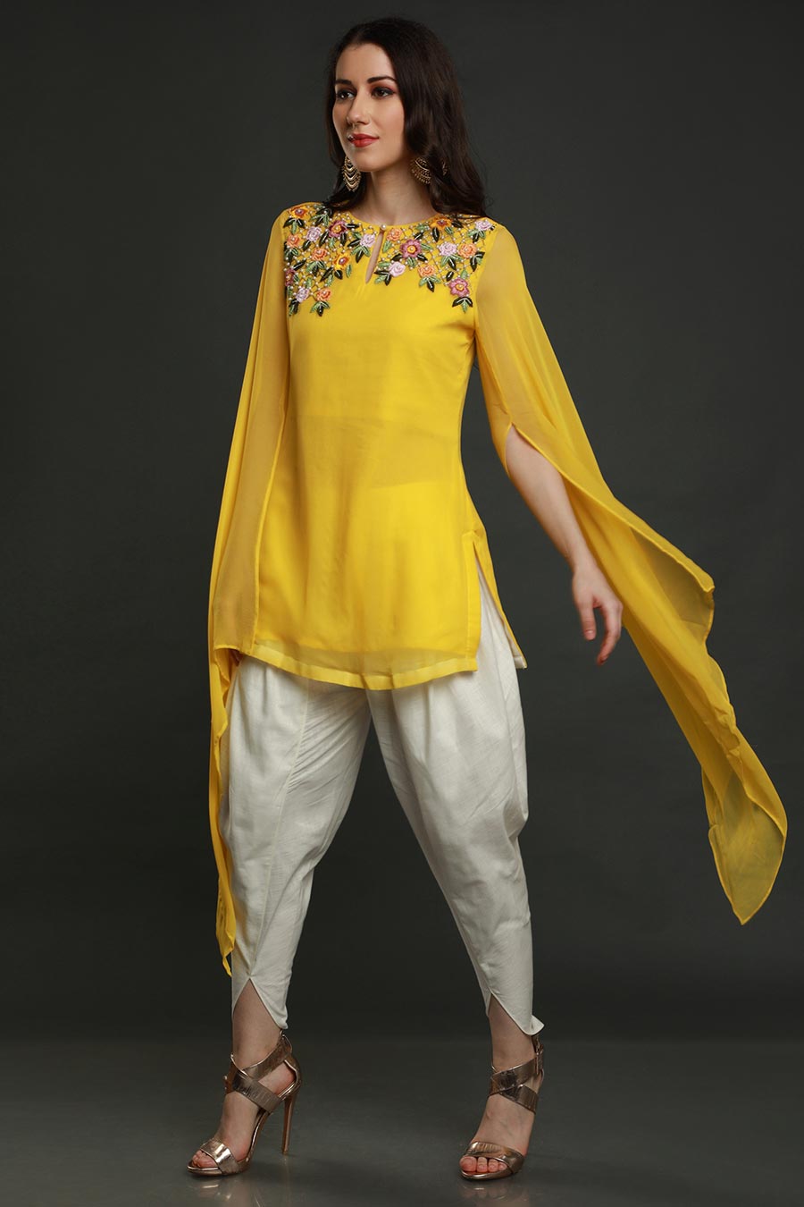 Yellow Short Kurta With Dhoti Pants