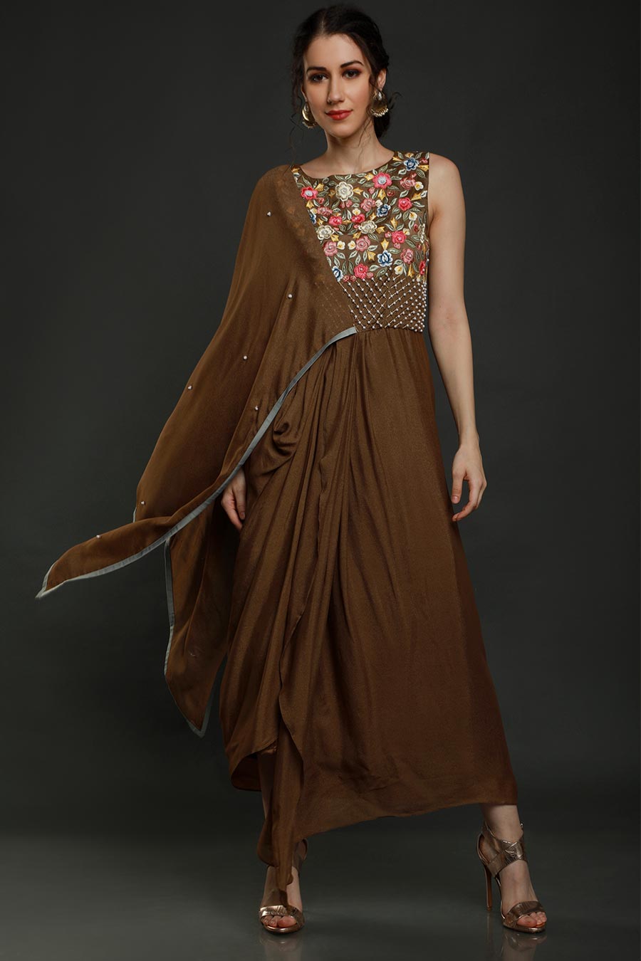 Brown Embroidered Drape Dress