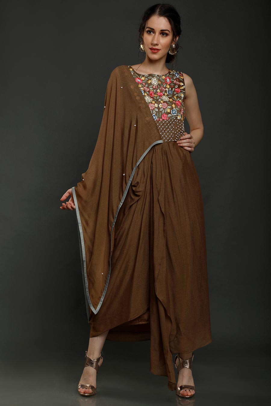 Brown Embroidered Drape Dress