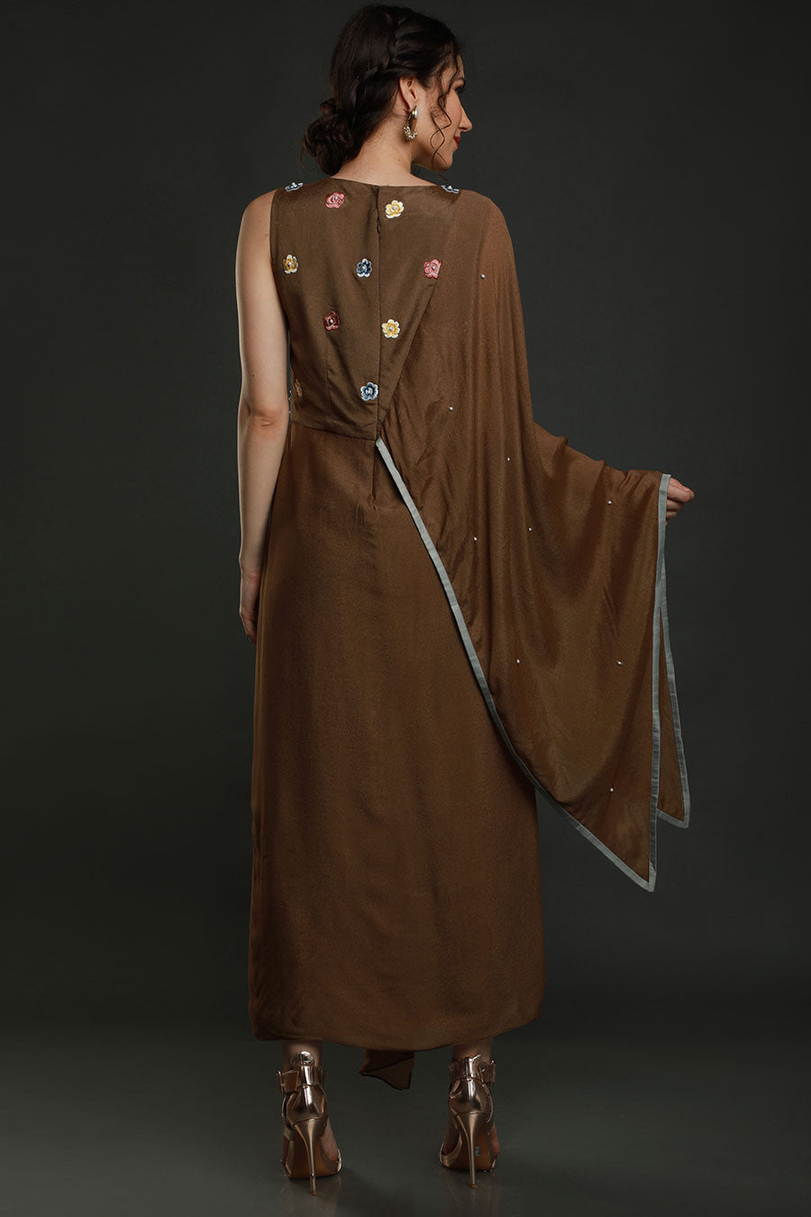 Brown Embroidered Drape Dress