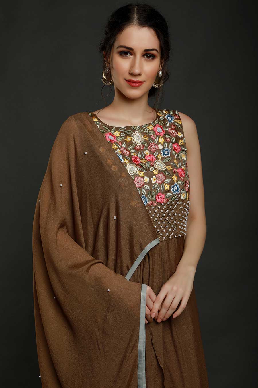 Brown Embroidered Drape Dress