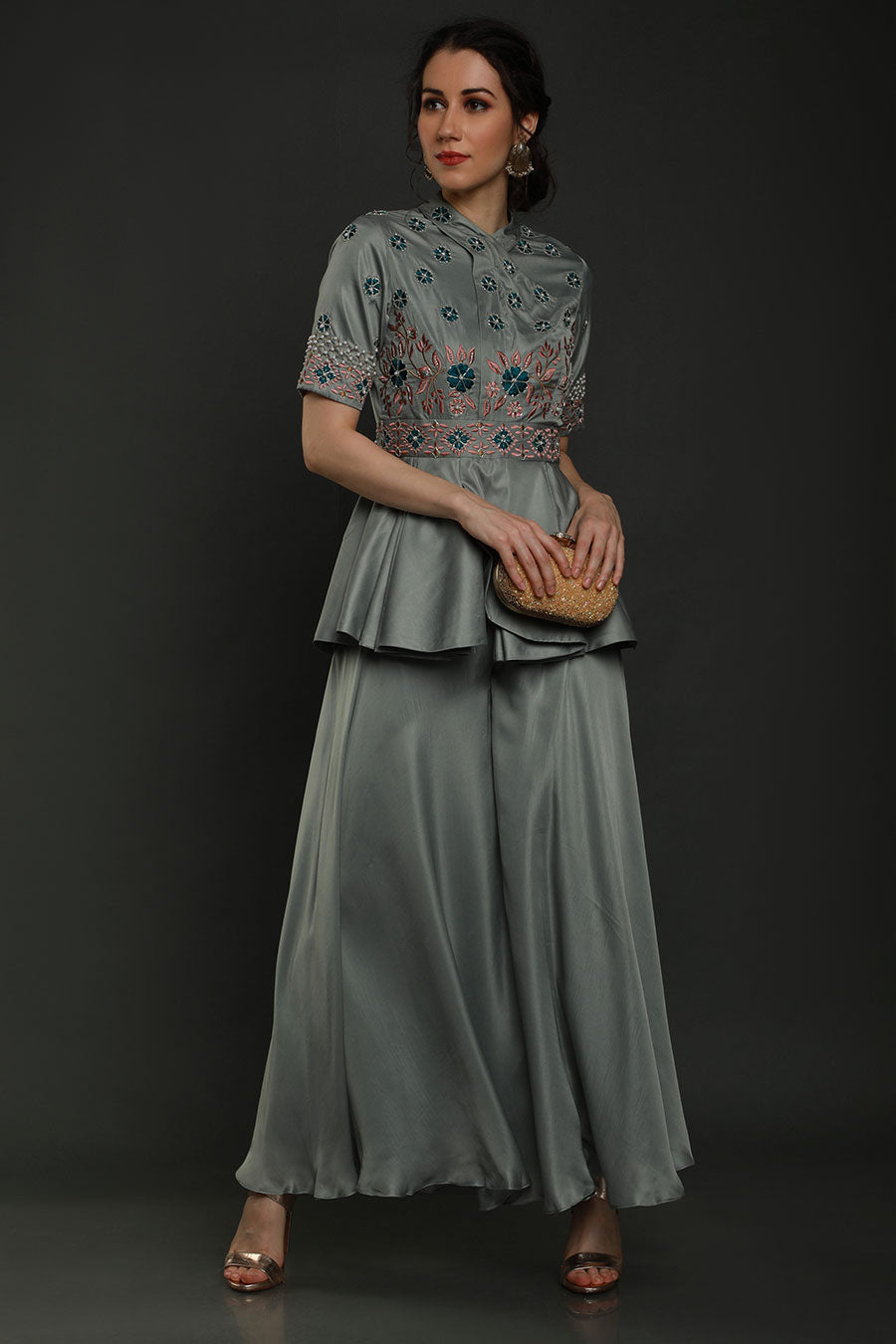 Grey Embroidered Peplum Jumpsuit