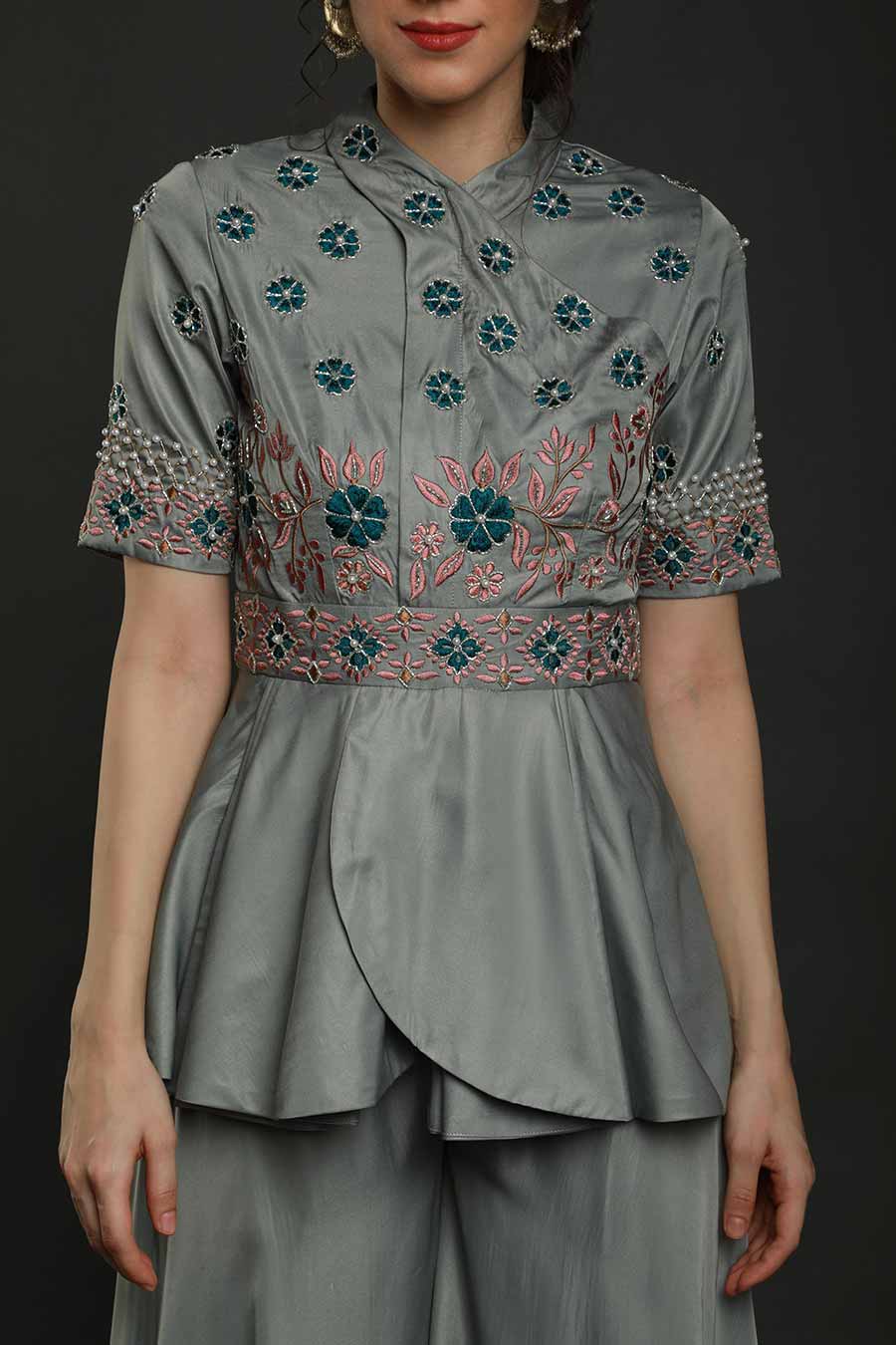 Grey Embroidered Peplum Jumpsuit