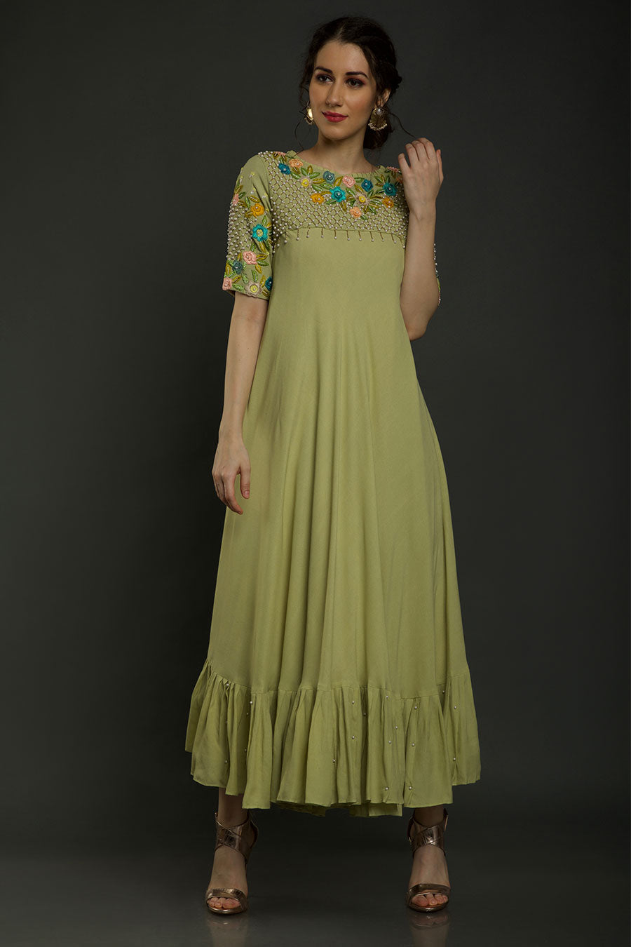 Green Embroidered Flared Dress
