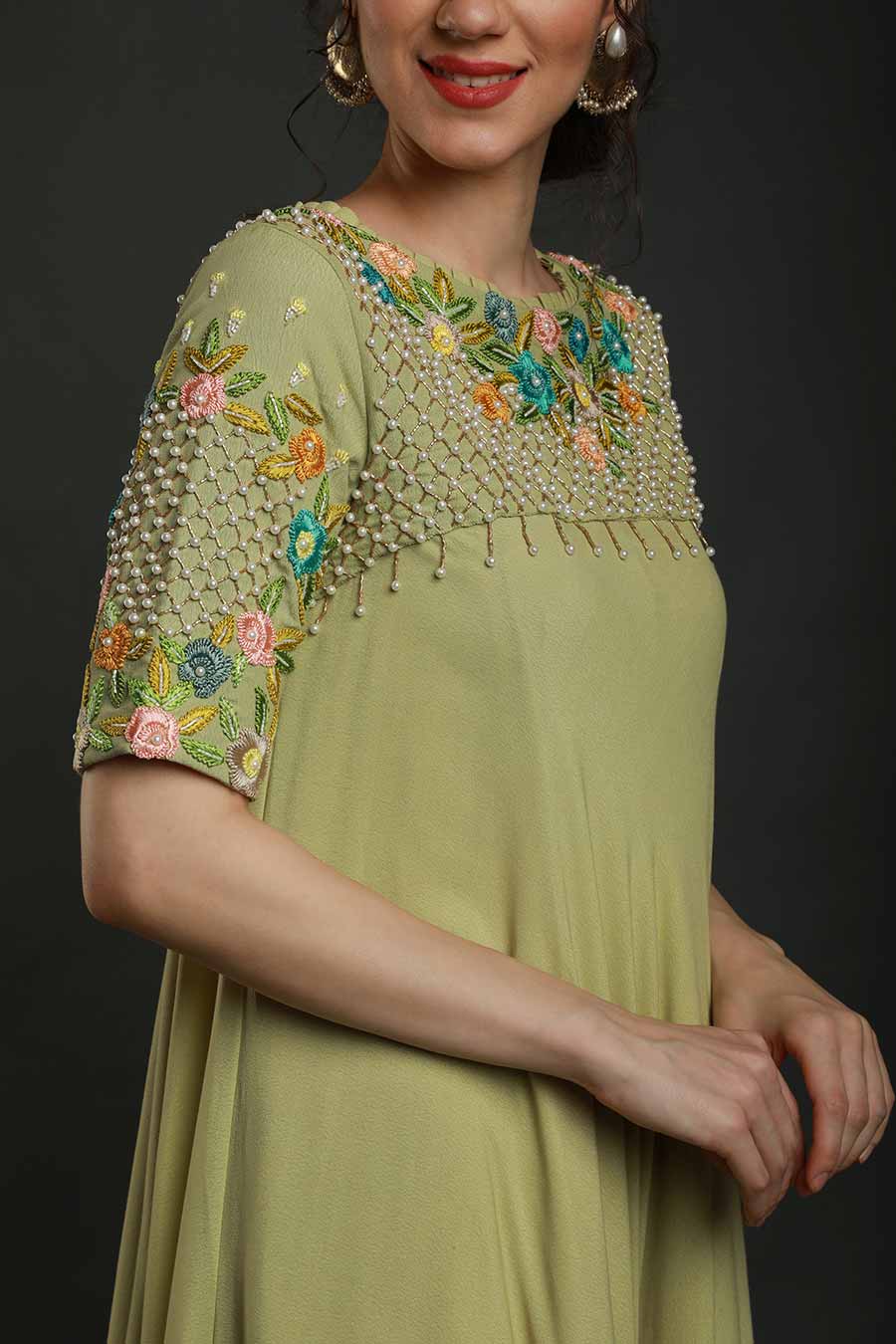 Green Embroidered Flared Dress