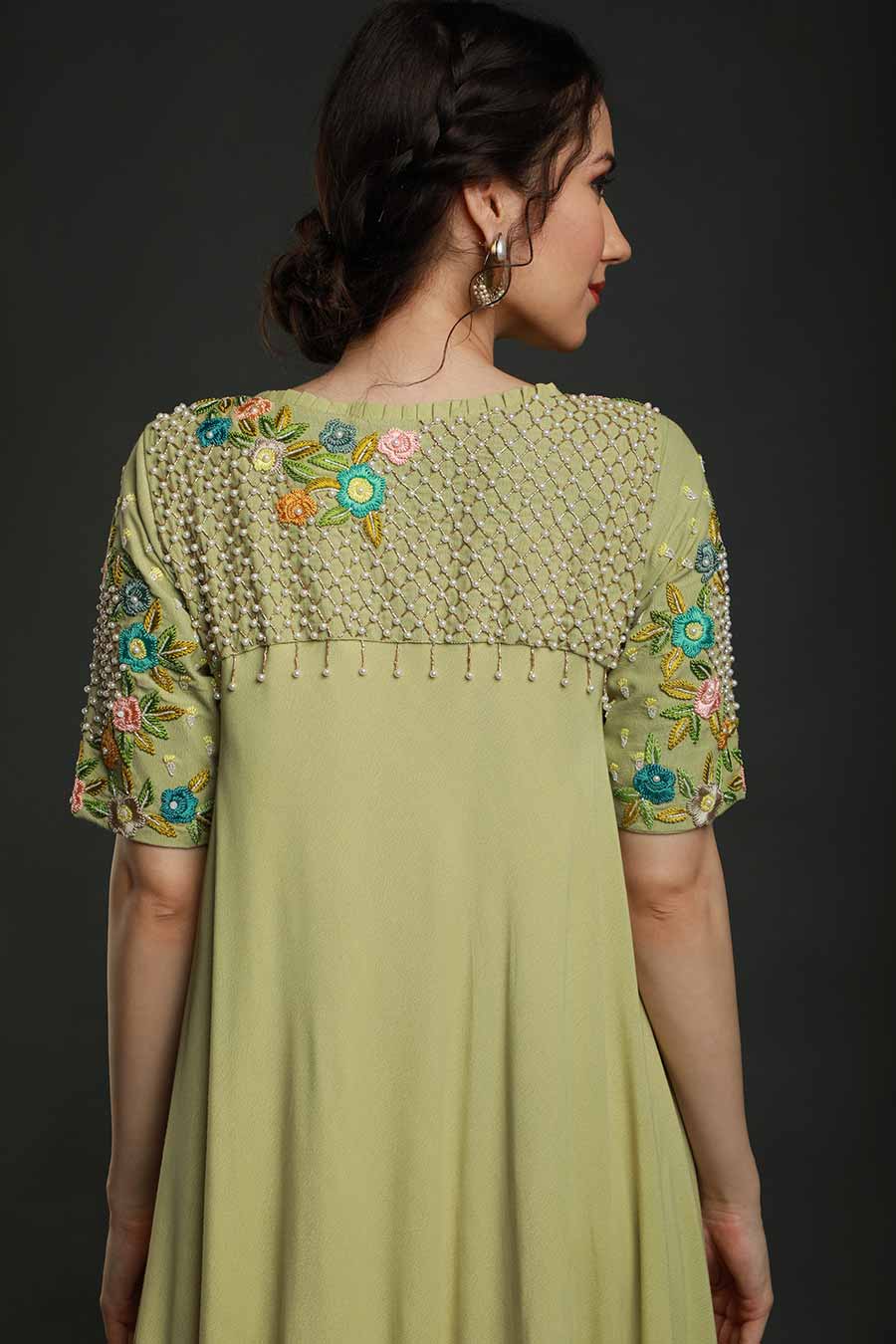 Green Embroidered Flared Dress