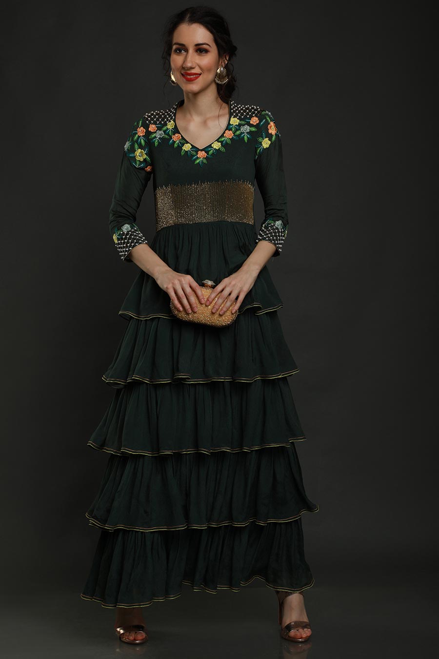 Green Embroidered Multi-Tier Gown Dress