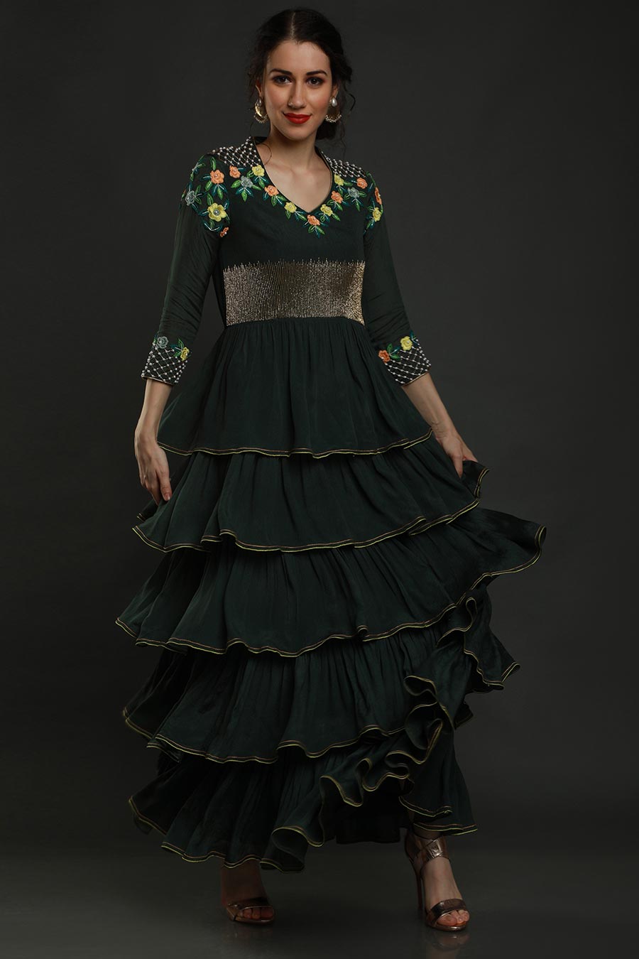 Green Embroidered Multi-Tier Gown Dress
