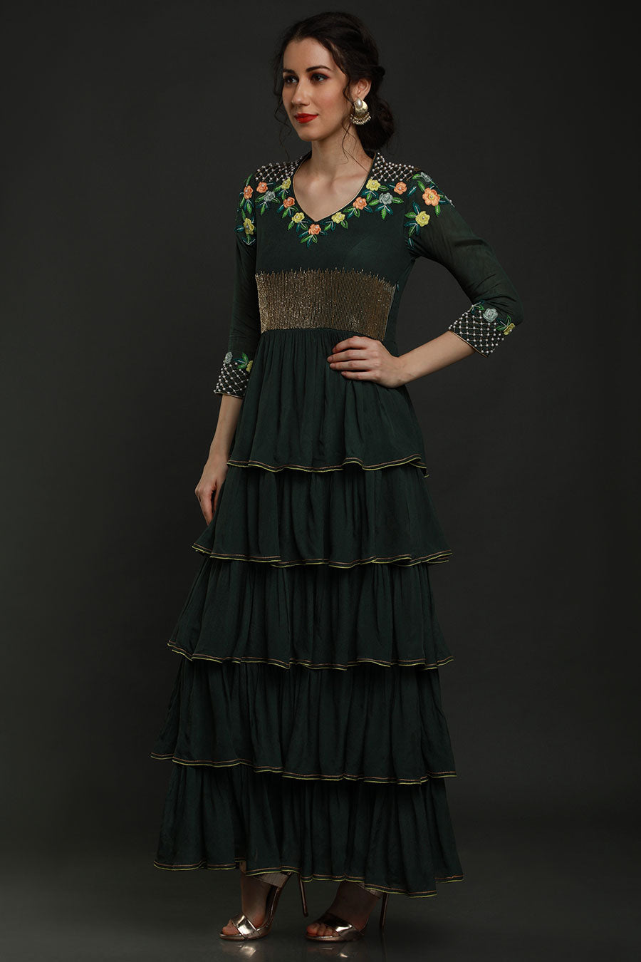 Green Embroidered Multi-Tier Gown Dress