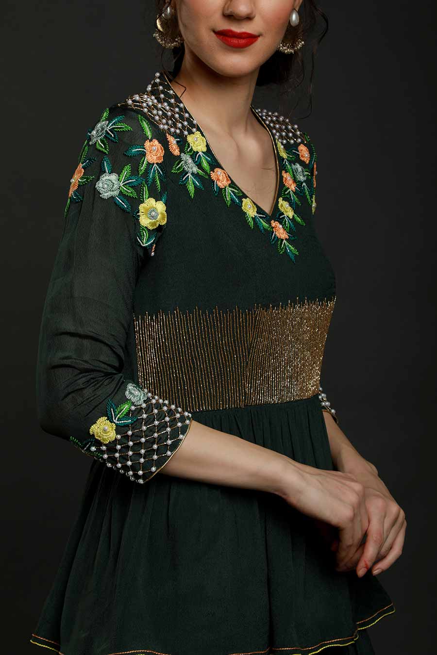 Green Embroidered Multi-Tier Gown Dress