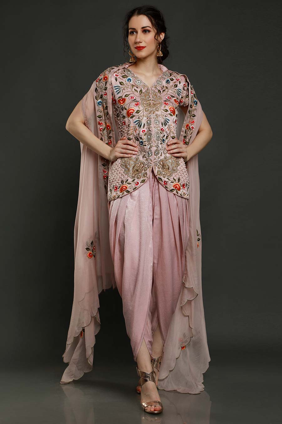 Pink Embroidered Top & Dhoti Set With Cape