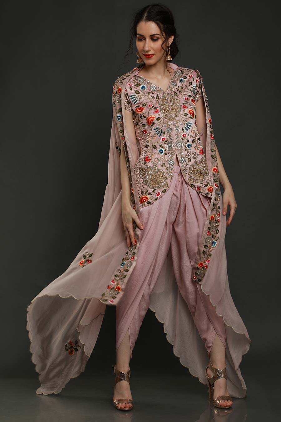 Pink Embroidered Top & Dhoti Set With Cape