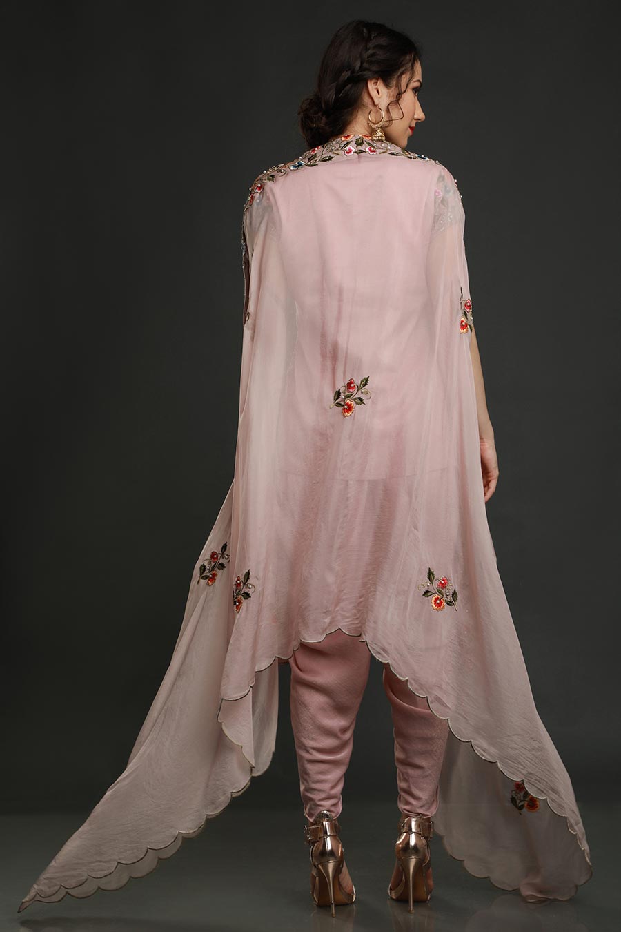 Pink Embroidered Top & Dhoti Set With Cape