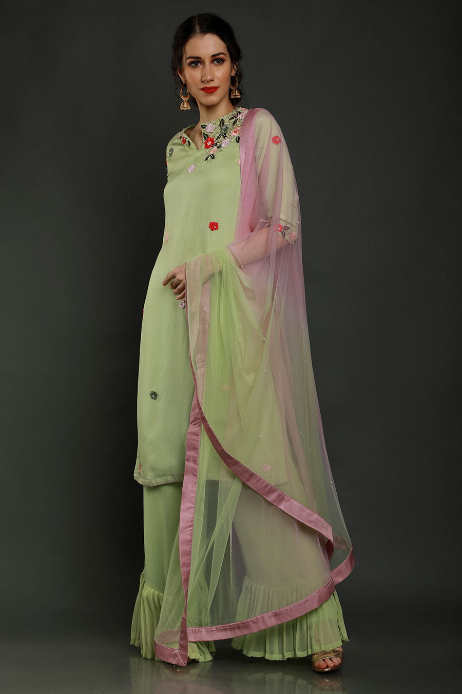 Green Embroidered Kurta Set With Dupatta