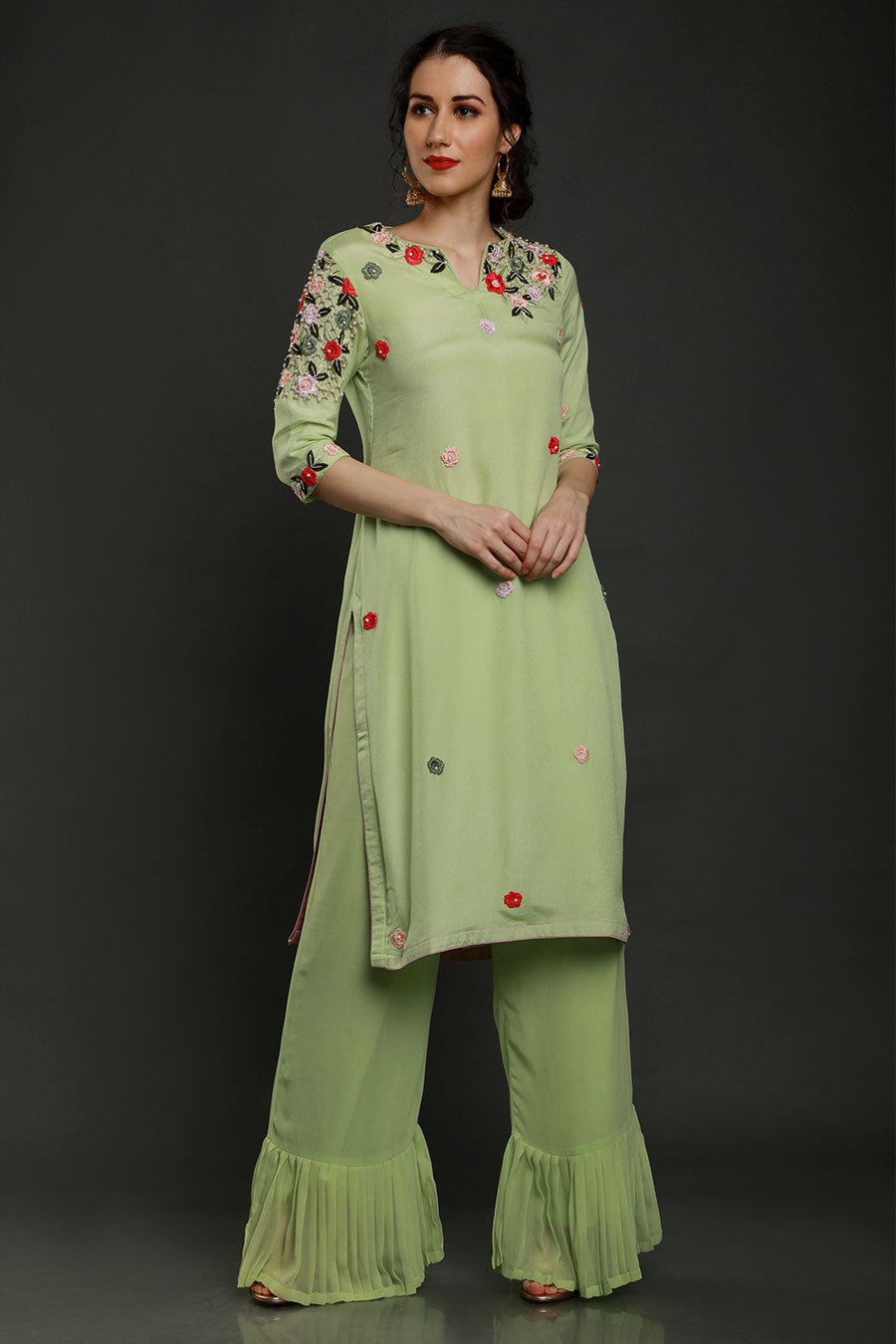 Green Embroidered Kurta Set With Dupatta