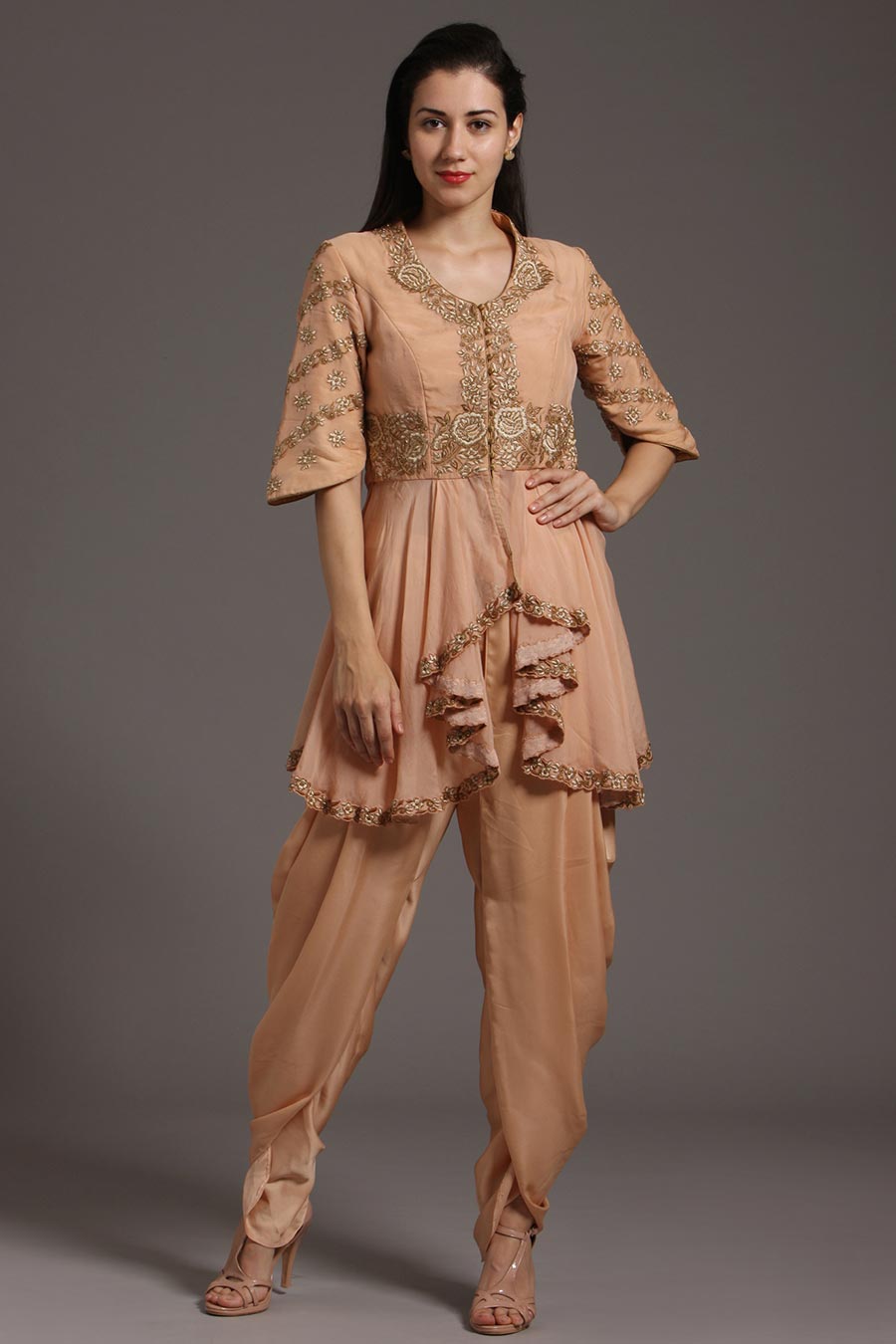 Peach Embroidered Peplum & Dhoti Set