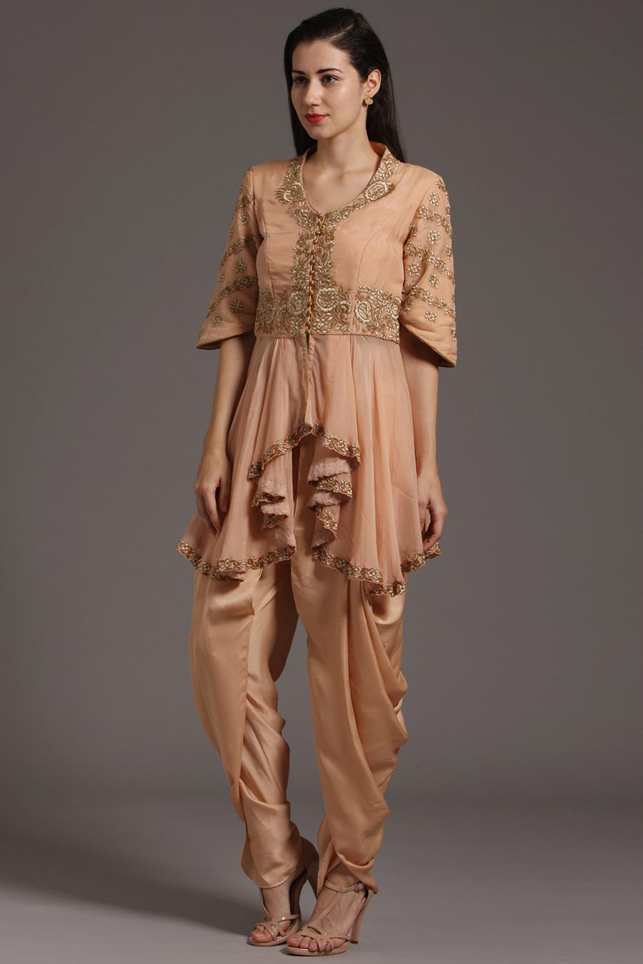 Peach Embroidered Peplum & Dhoti Set