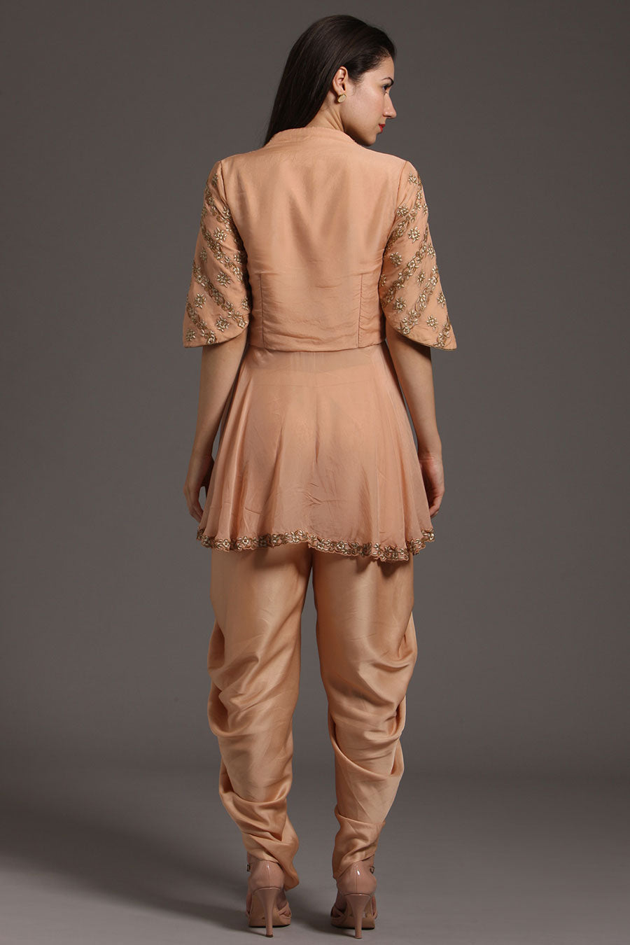 Peach Embroidered Peplum & Dhoti Set