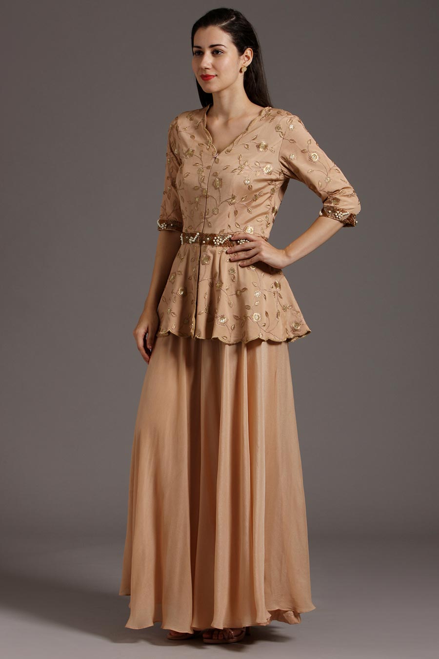 Peach Embroidered Peplum Flared Jumpsuit