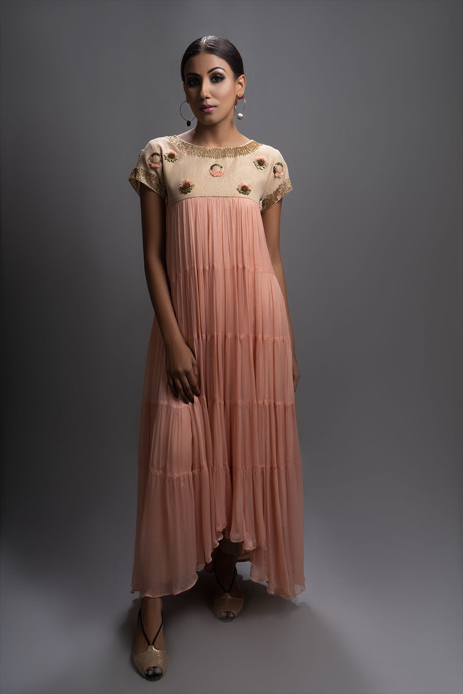 Embellished Peach Chiffon Tiered Dress