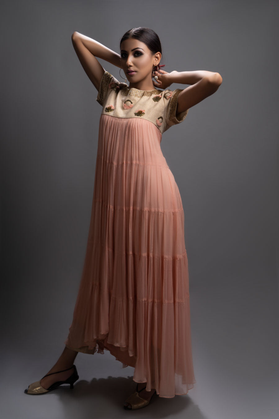 Embellished Peach Chiffon Tiered Dress