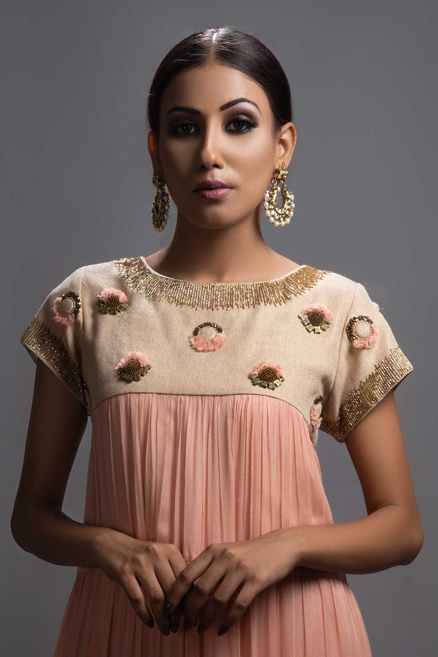 Embellished Peach Chiffon Tiered Dress