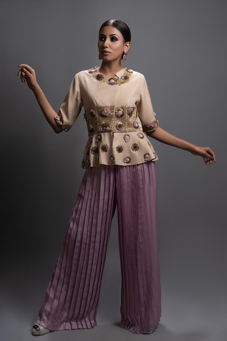 Beige Top & Lavender Pants Co-Ord Set