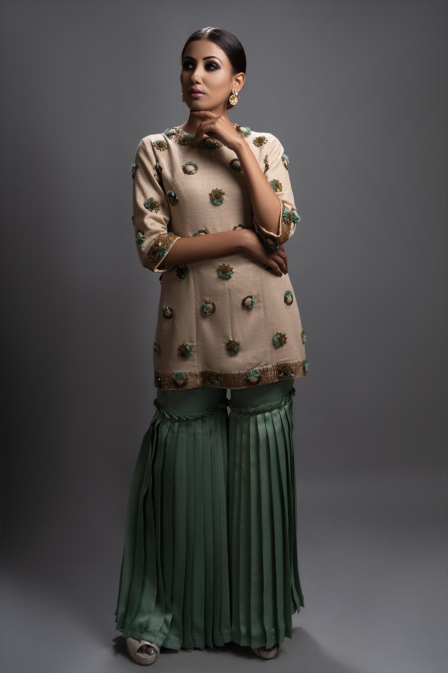 Beige & Green Embellished Gharara Set
