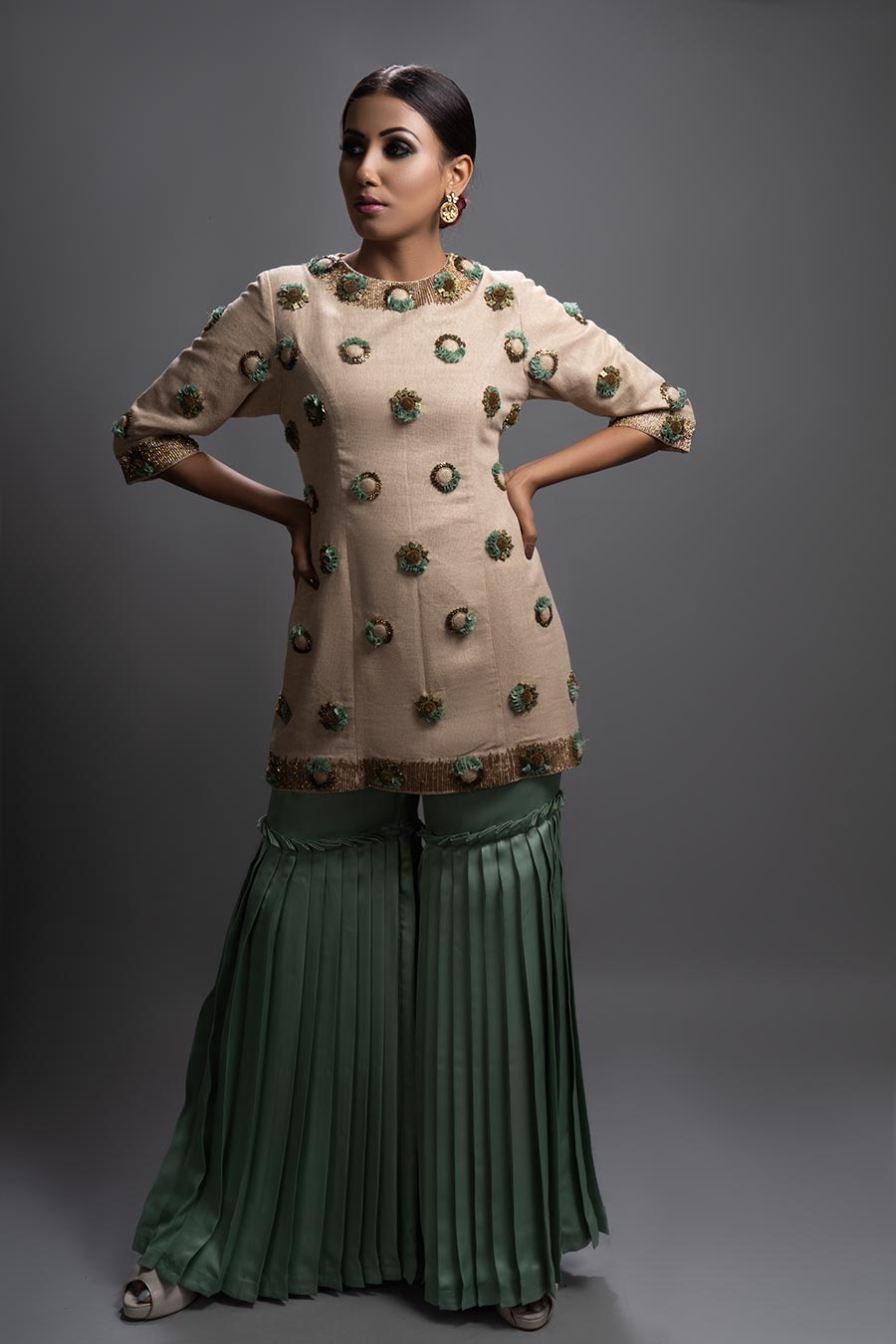Beige & Green Embellished Gharara Set