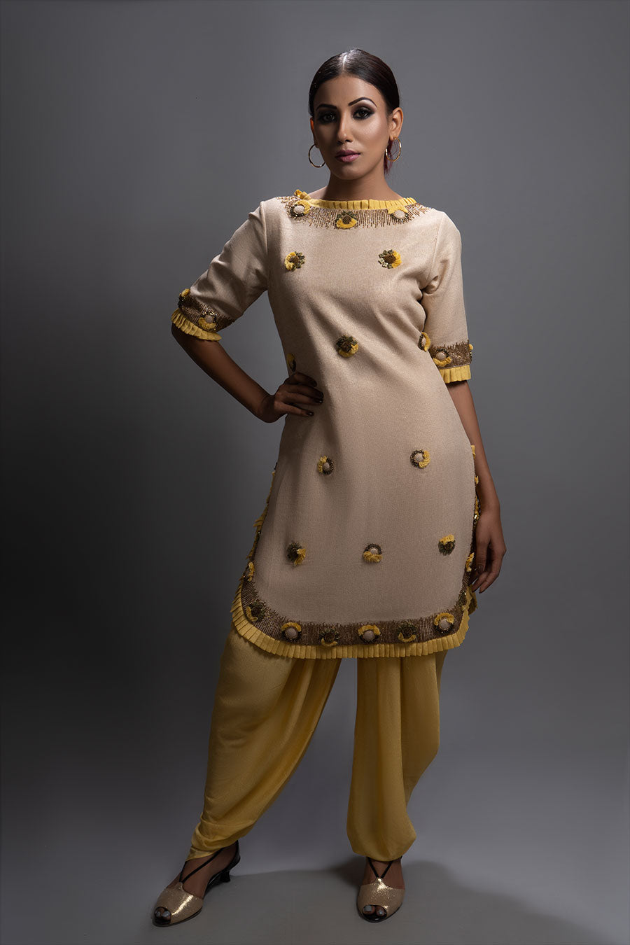 Beige Embellished Kurta & Yellow Dhoti Set