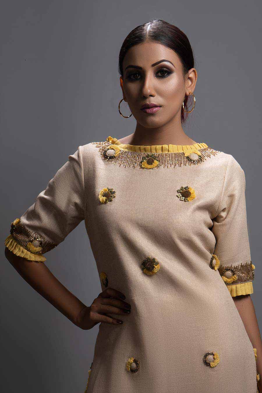 Beige Embellished Kurta & Yellow Dhoti Set