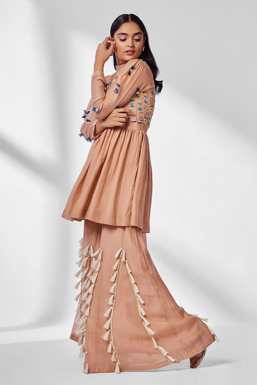 Peach Chanderi Silk Gharara Set (Set of 3)
