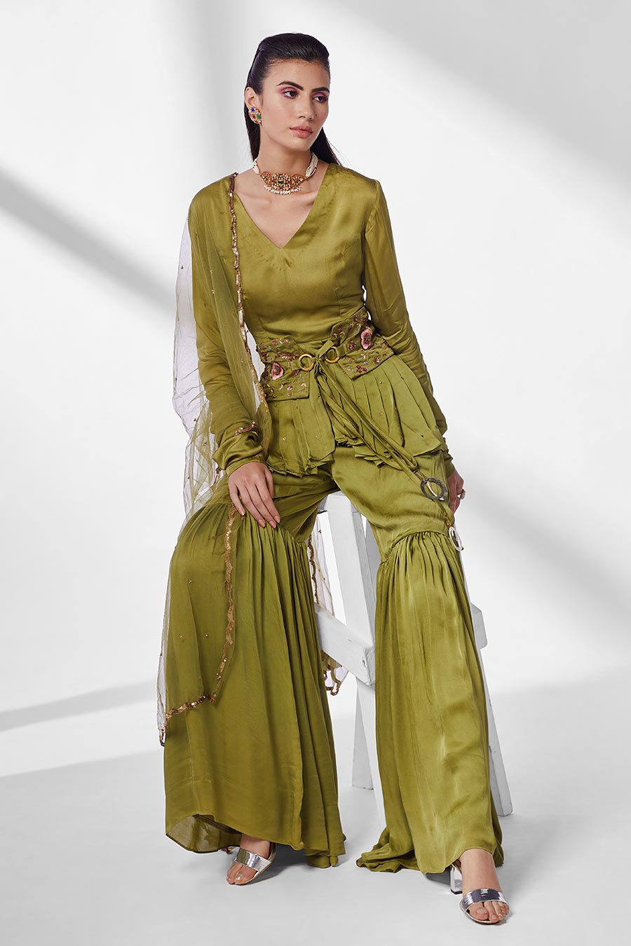 Pickle Green Peplum Gharara Set (Set of 3)