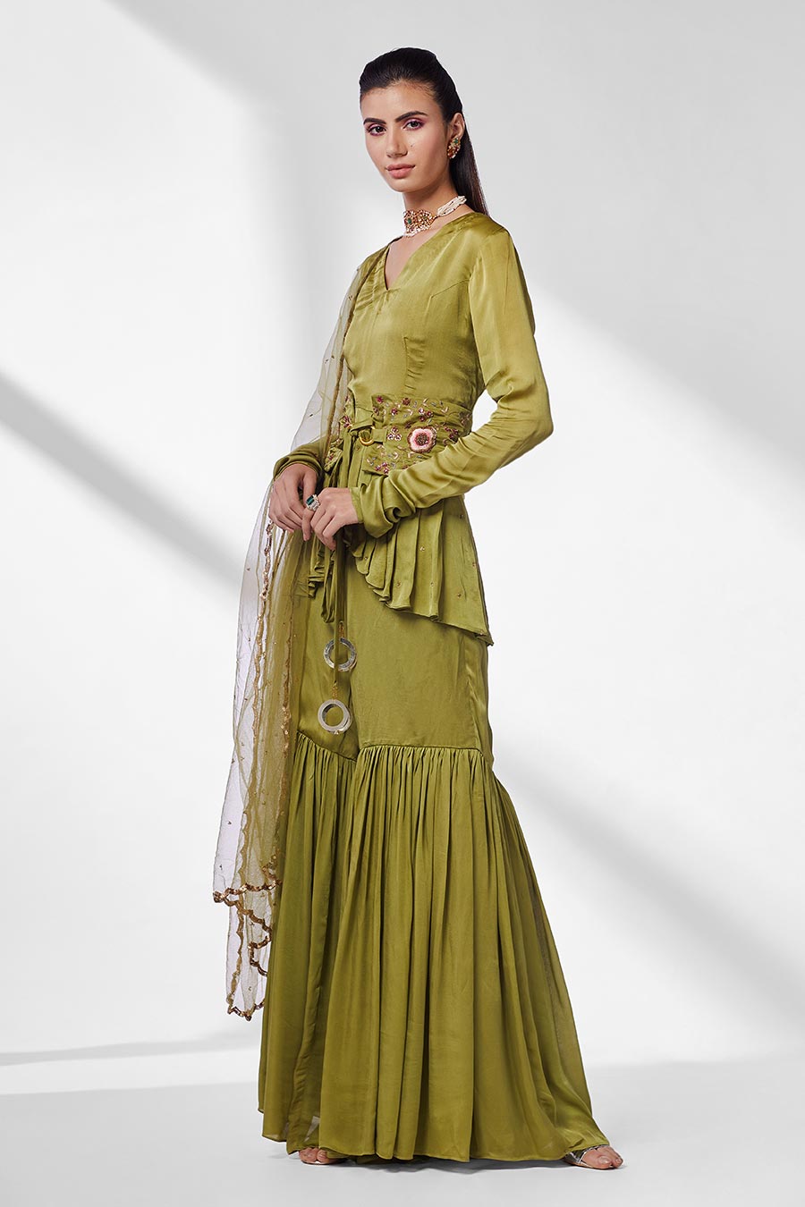 Pickle Green Peplum Gharara Set (Set of 3)