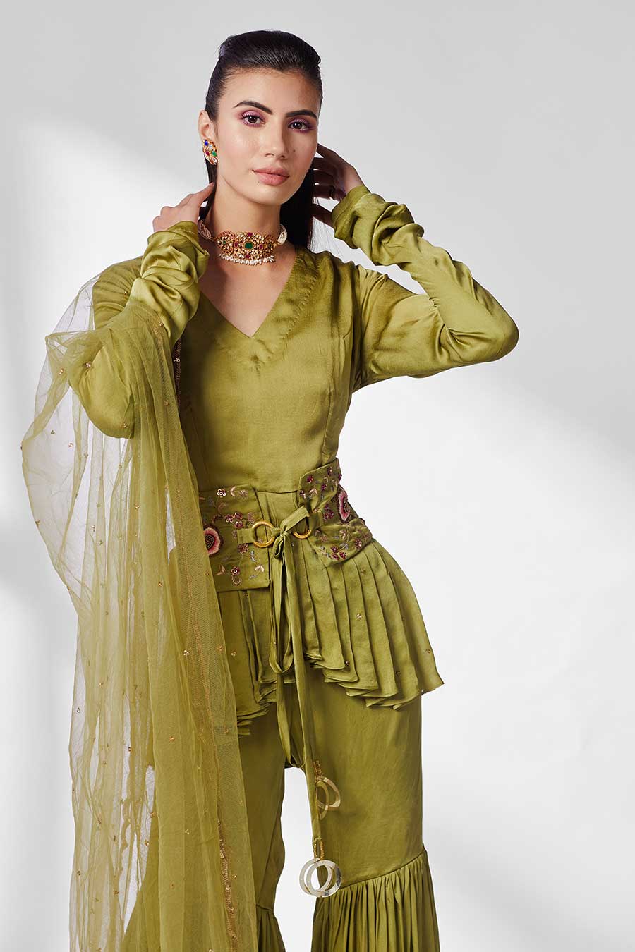 Pickle Green Peplum Gharara Set (Set of 3)