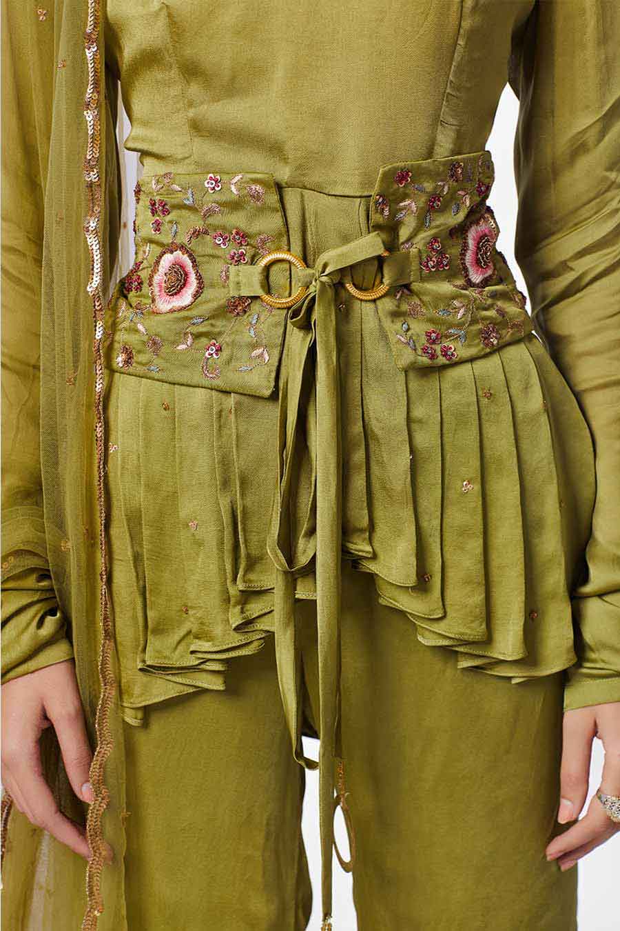 Pickle Green Peplum Gharara Set (Set of 3)