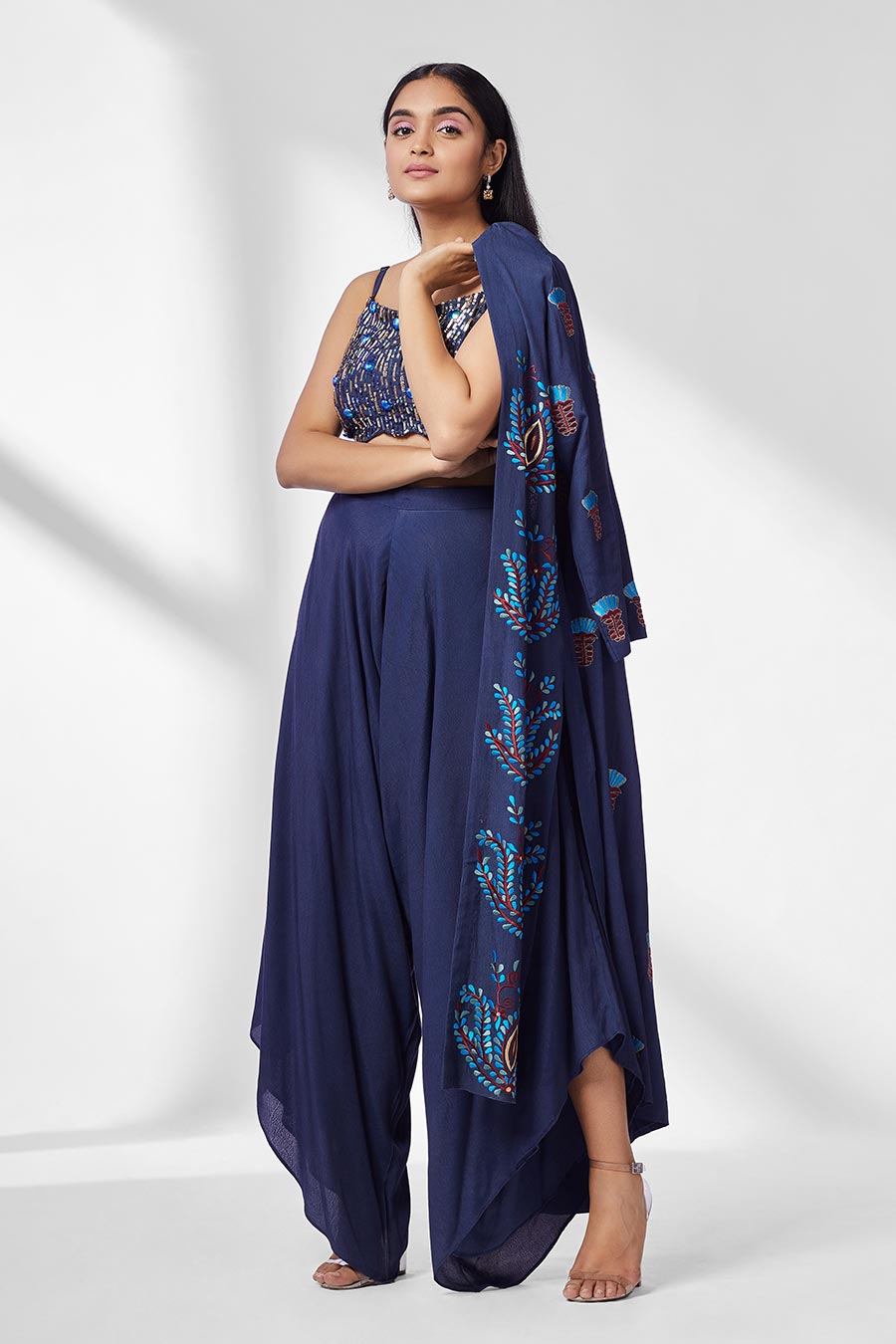 Blue Top & Dhoti Pants Set With Cape