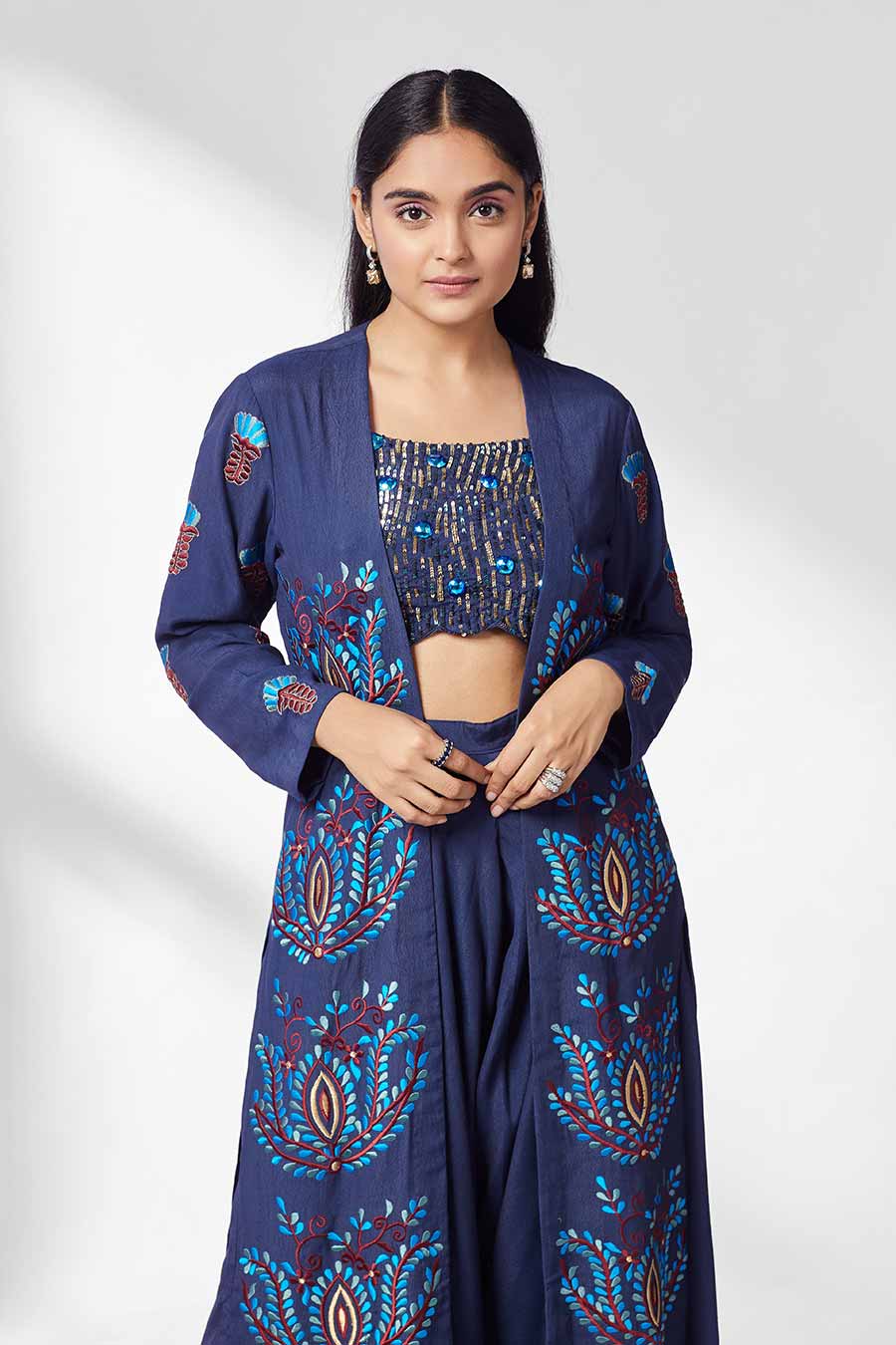 Blue Top & Dhoti Pants Set With Cape