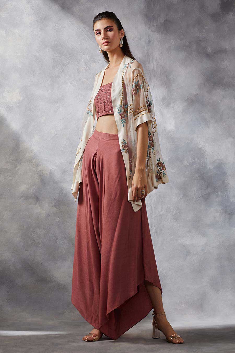 Pink Top & Dhoti Pants Set With Cape