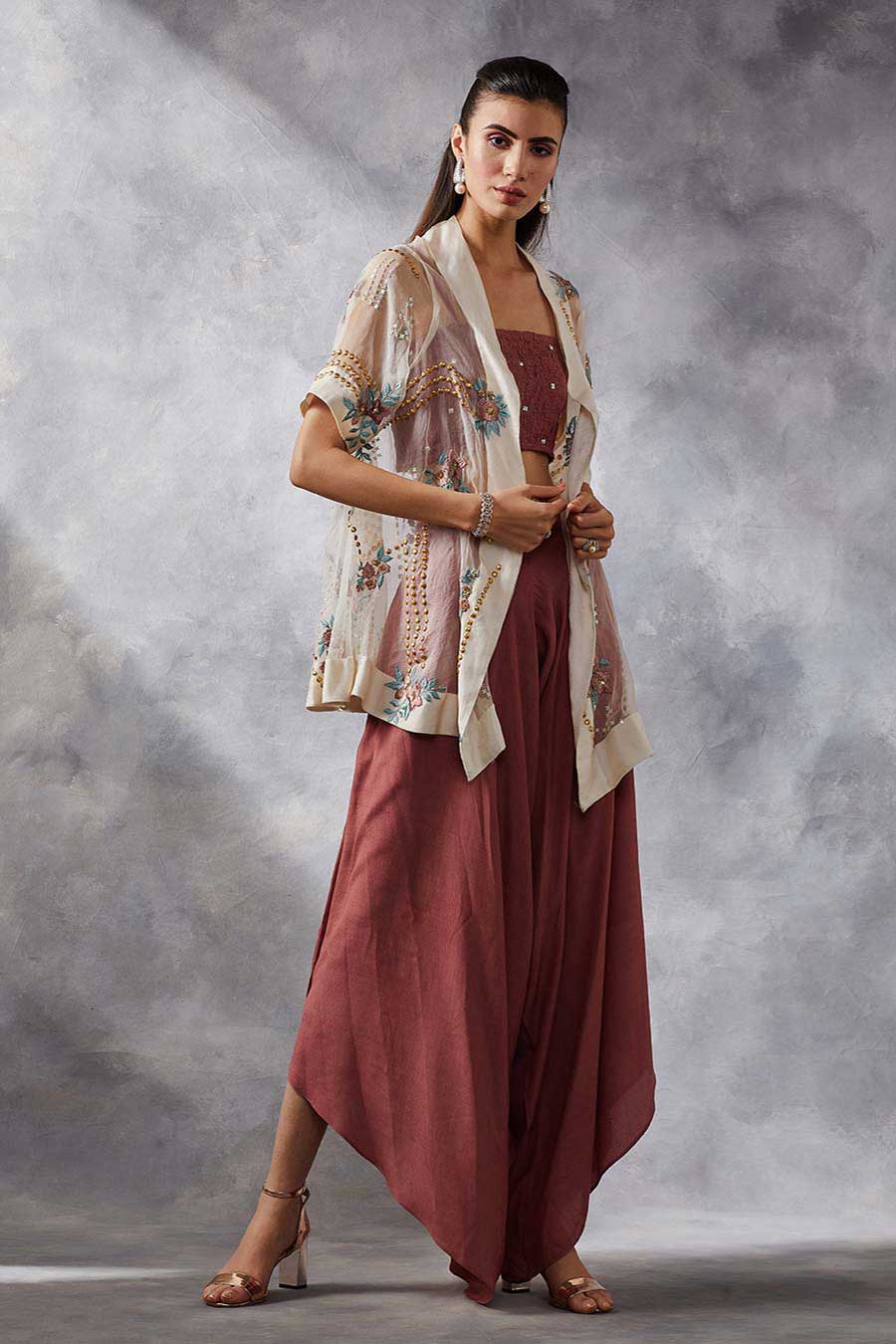 Pink Top & Dhoti Pants Set With Cape